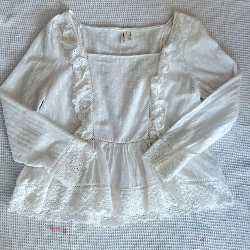 Anthropologie Meadow Rue White Edelyn Ruffled Eyelet Summer Blouse Top Sz 10